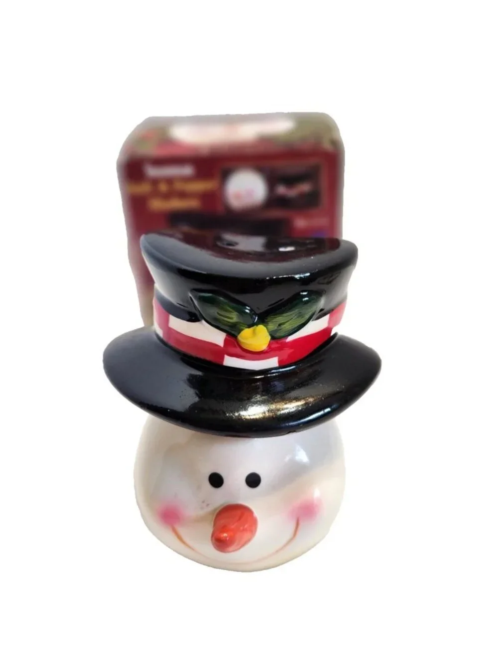 Snowman Christmas Stacking Salt & Pepper Shakers Head & Top Hat Carrot Nose READ